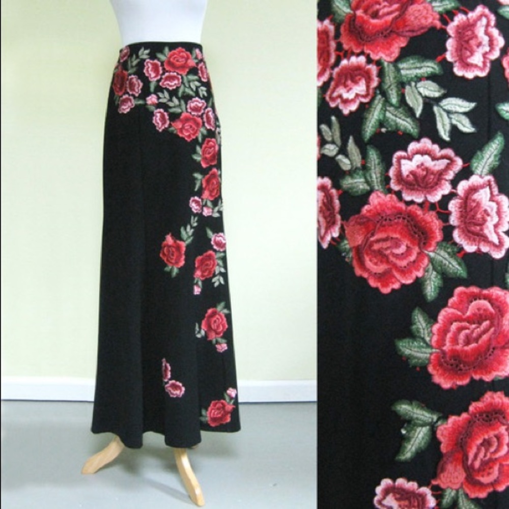 Decode 1.8 Black Maxi Skirt with Red Floral Appliqué